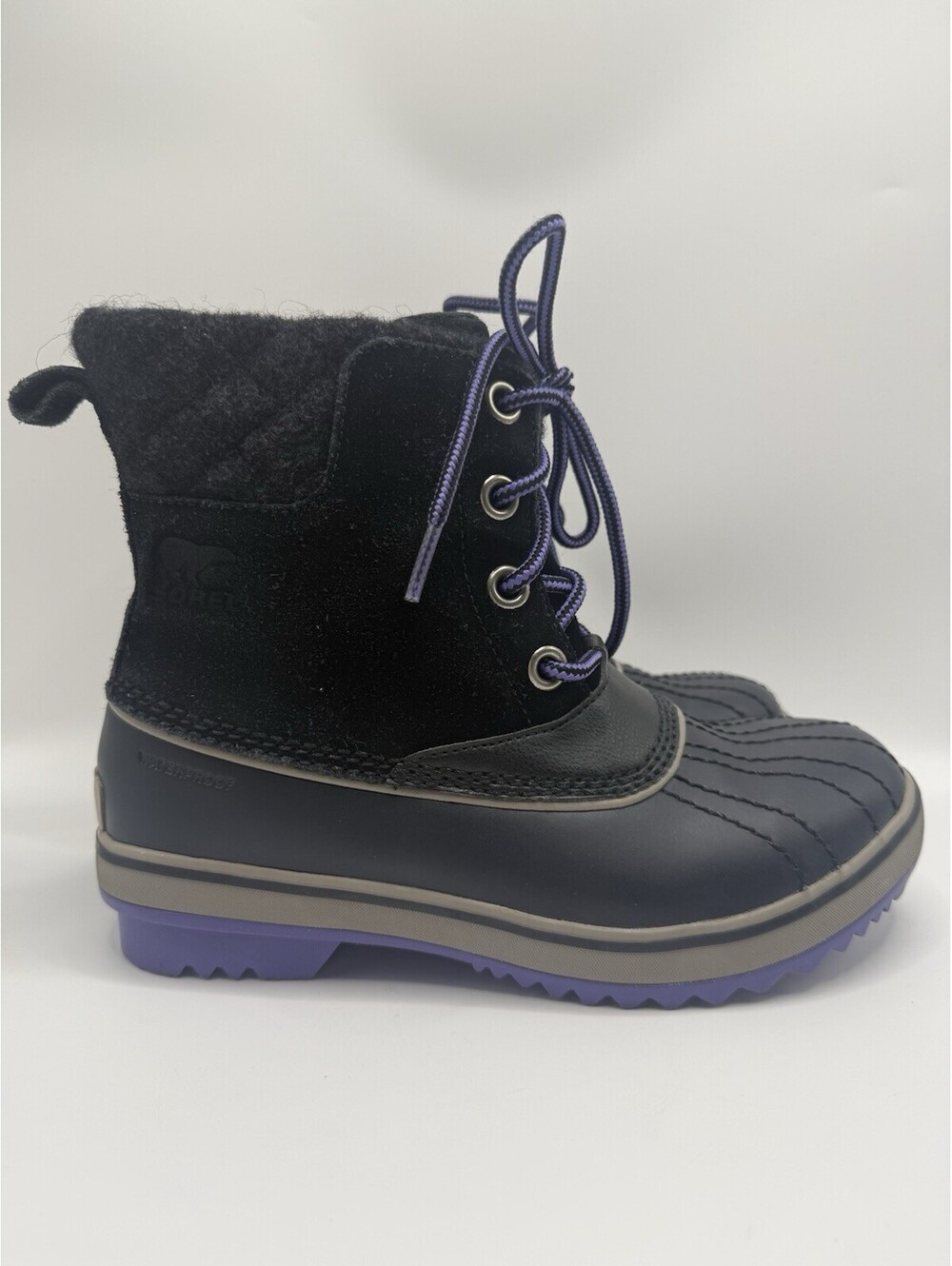 Sorel Slim pack II Winter Boots Waterproof Black & Purple Youth Size 5 NWOB